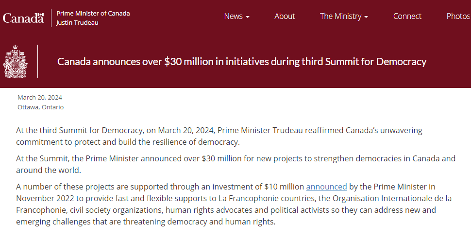 Canada announces over $30 million in initiatives during third Summit for Democracy. Photo: www.pm.gc.ca