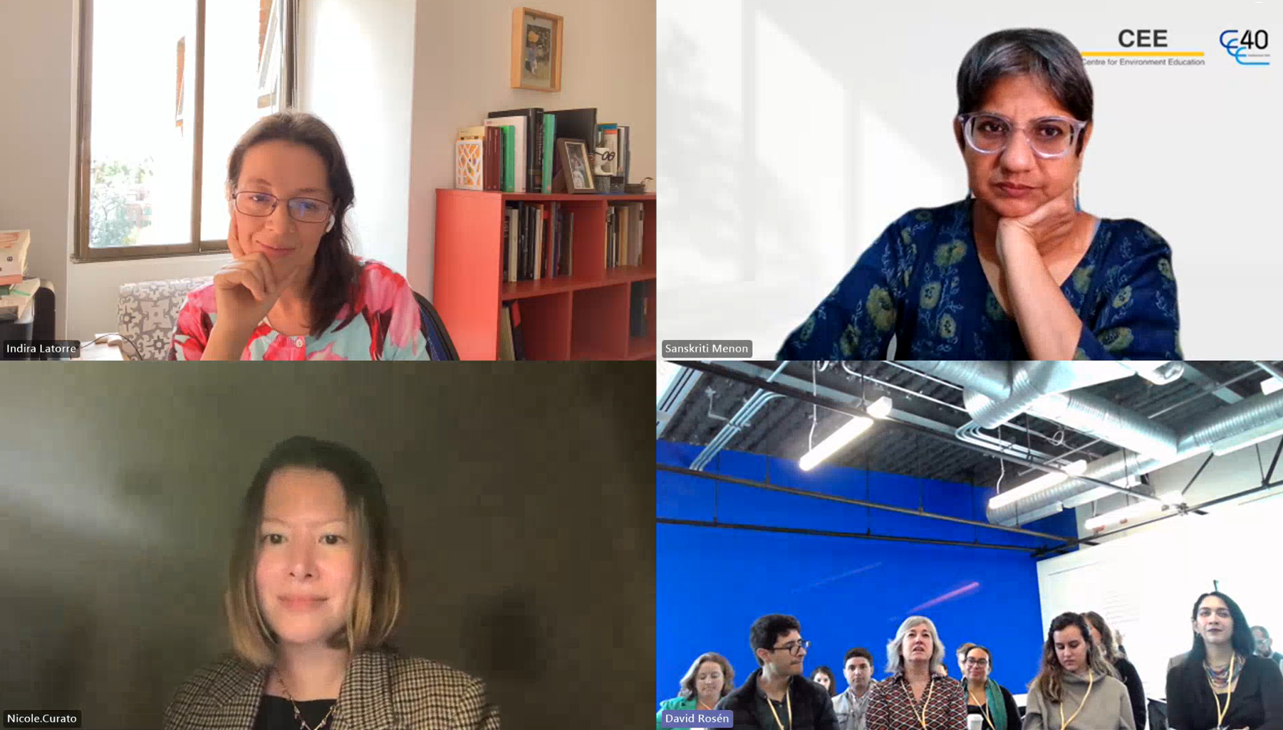 Online participants to the DRD 2024 session on Climate Deliberation in the Global South. From top left corner: Indira Latorre, Sanskriti Menon and Nicole Curato