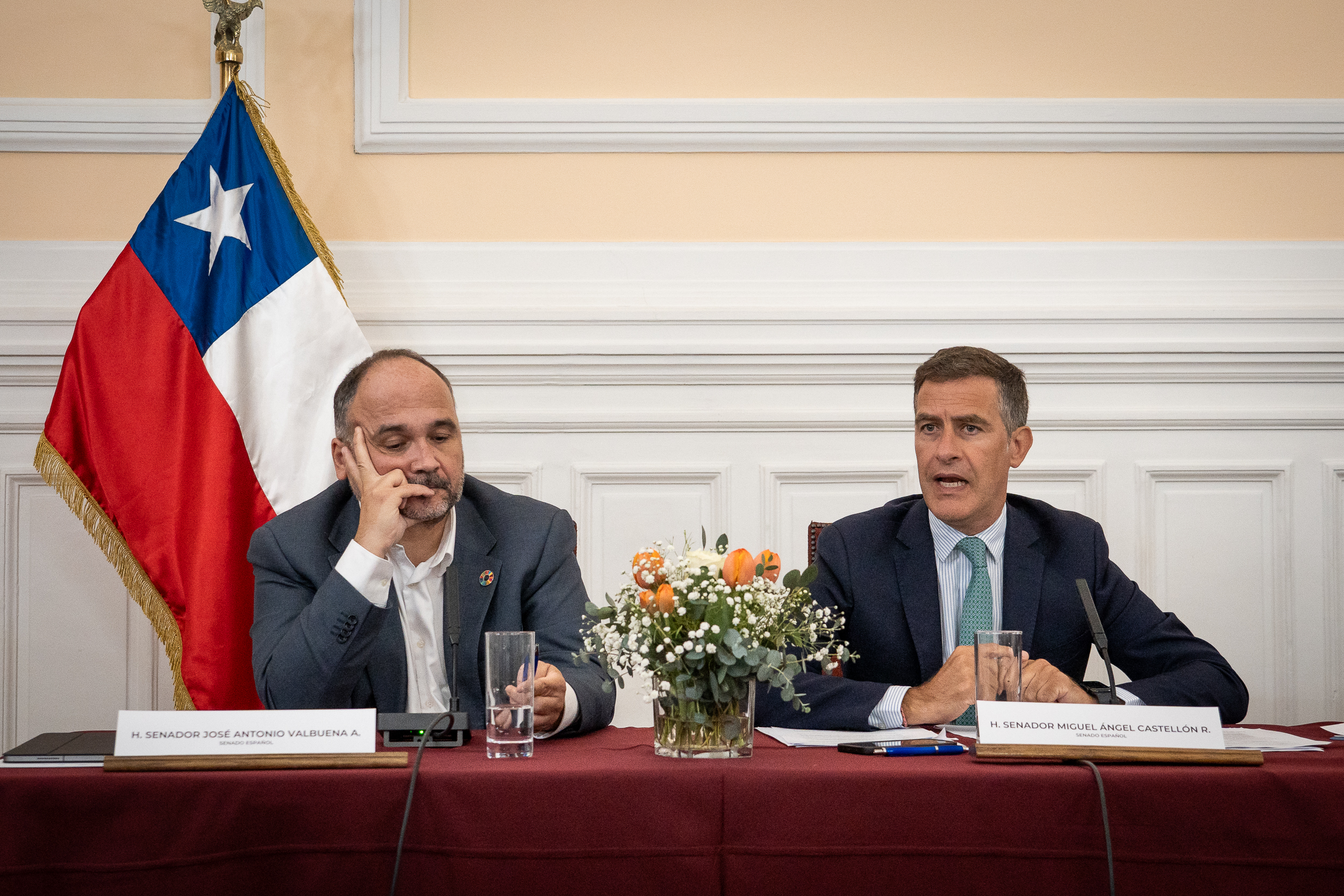 Los senadores españoles José Antonio Valbuena y Miguel Ángel Castellón durante el seminario “Modernización de la tarificación y distribución eléctrica en Chile: Conociendo la experiencia Internacional”.   