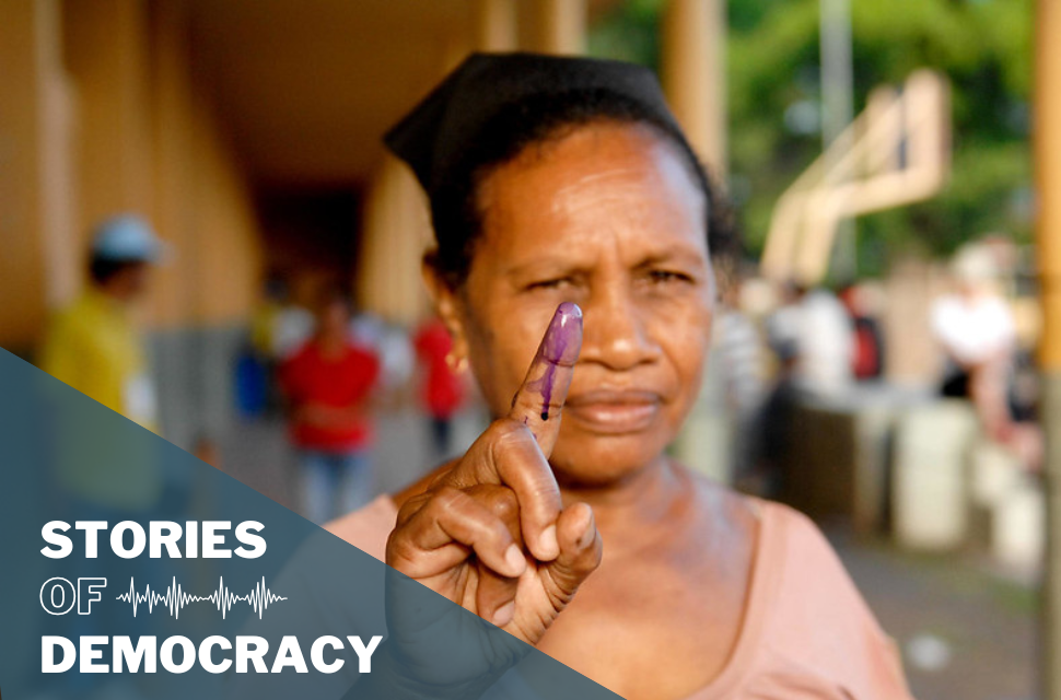 A woman holds up her stained finger after voting today in Timor-Leste's presidential run-off poll, which follows the first round of voting held on 17 March. Photo/Bernardino Soares. www.unmultimedia.org/photo/ 