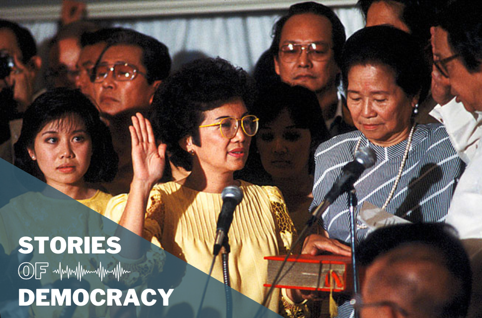 Corazon Aquino is sworn in as President of the Philippines at Club Filipino, San Juan on February 25, 1986