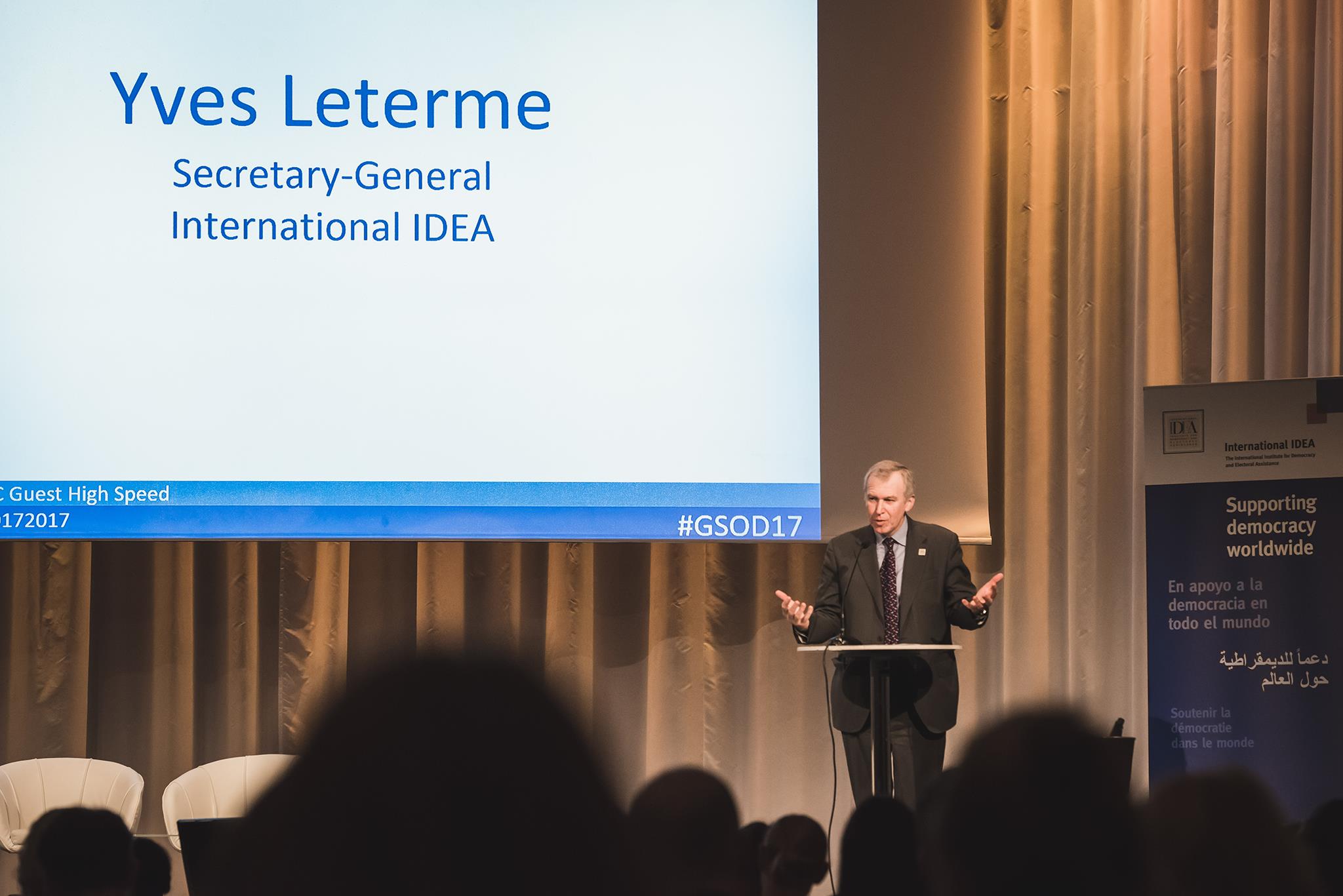 Secretary-General Yves Leterme at The Global State of Democracy launch, Stockholm, 15 November 2017. Image: Stuudio Huusmann