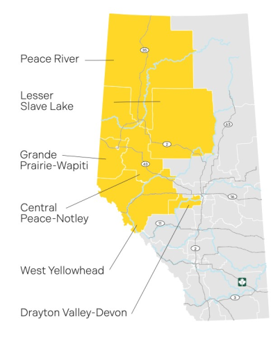 map of alberta, showing where radio used for tailored voter information