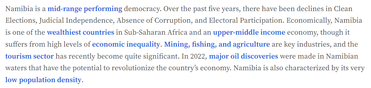 Image with example text from a country brief of Namibia