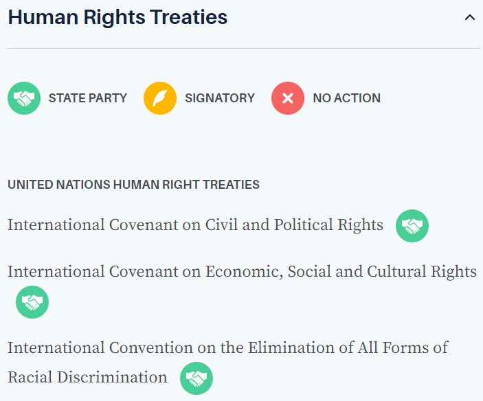 A screenshot showing information about Human Rights Treaties from an unknown country on the Demcoracy Tracker