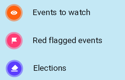 Showing and icon with an eye for events to watch. A flag for red flagged events. A ballot paper put in a box for elecion events