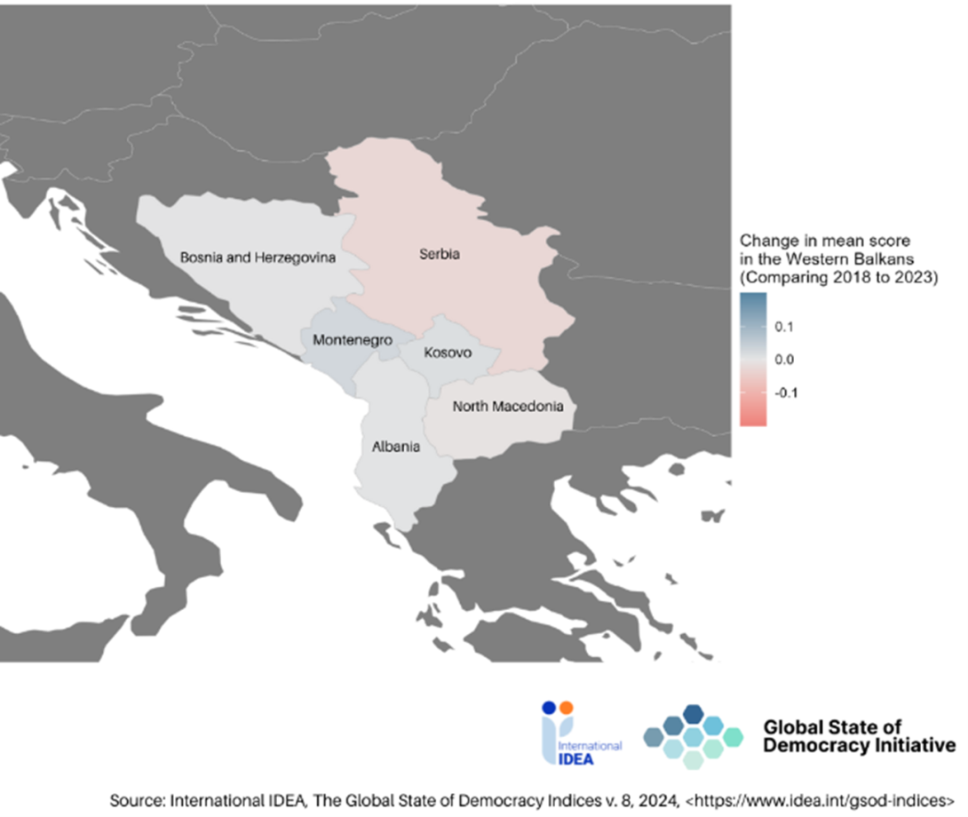 Figure 1 - Map of change in the average level of democratic performance in each country (comparing 2023 with 2018)